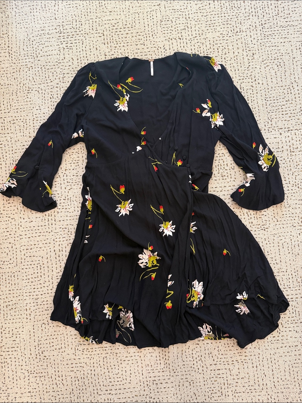 Floral V-Neck Black Wrap Dress free people size L